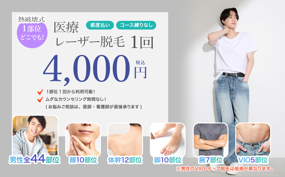 医療レーザー脱毛 1部位1回4,000円(男性VIIO・ヒップは1部位1回6,600円)